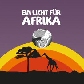 Sonnenuntergang in Afrika mit dem Schriftzug 'Ein Lich für Afrika'